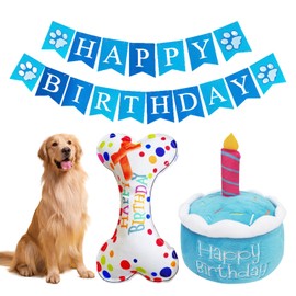 ZGDEIWGF 1 stück Plüschkuchenspielzeug, 1 Stück Plüschknochen, 1 Stück Pfotenabdruckbanner, Stimmknochenspielzeug, Haustiergeburtstagsparty-Set, Haustier-Plüschtier, bissfeste Puppe