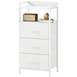 Somdot Nightstand with 3 Drawers, Dresser with Fabric Bins for Bedroom, Hallway, Entryway, Nightstand Bedside Table Furniture, Sturdy Steel Frame, Wooden Top, Easy Pull Fabric Bins, White Leather