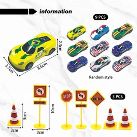YSJCHEBS 9-Piece Racing Models and 5-Piece Road Block Models, Mini Racing Toy, Metal Toy Cars, Children's Toy, Creative and Interesting Toy