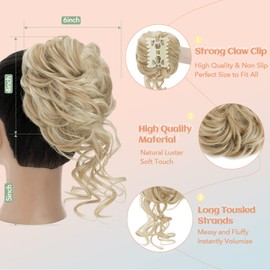 S-noilite Claw Clip Messy Bun Hair Pieces Tousled Updo Fake Hair Bun Wavy Curly Messy Bun with Claw Clip Hair Scrunchies Hair Bun Hair Pieces for Women(18H613#Dark Blonde & Bleach Blonde)