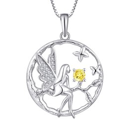 FJ Guardian Angel Necklace Pendant, 925 Sterling Silver, Angel Chain, Women's Fairy Butterfly Tree of Life Necklace with Birthstone, Cubic Zirconia Jewellery Gifts for Women and Girls, Sterling