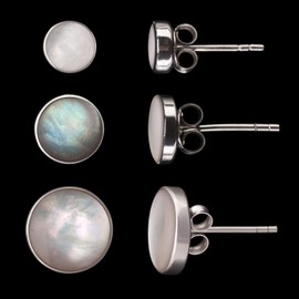 Fly Style 925 Silver Stud Earrings with Shell Inlays, 8 Models, 6 to 12 mm Wide, Silver, grey
