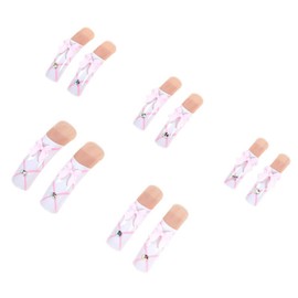Curved Nail Tips Long Press on Nails French Tip False Nails with 3D Pink Bow Designs Fake Nails Curved Rhinestones Stick on Nails Glossy Artificial Nails for Women 20pcs
