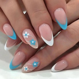 Blue & White French Tip Press on Nails Medium Fake Nails Almond False Nails with Flowers Designs Nude Translucent Acrylic Nails Swirl & Glossy Glue on Nails Spring Nails for Women 24Pcs