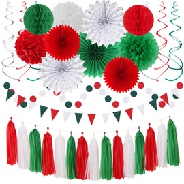 Decoración de fiesta de Navidad de color rojo, verde y blanco, 33 unidades, guirnalda de borlas de México Italia Streamers, panal de panal, ventiladores de linterna de papel, cumpleaños italiano mexicano, boda, baby shower, decoración Hugtmr