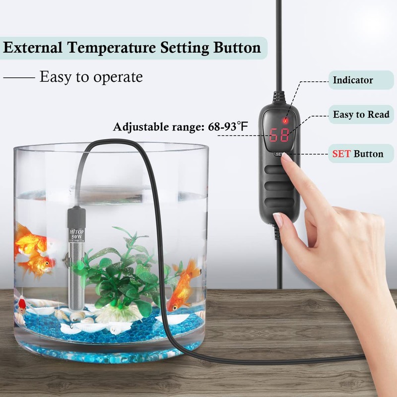 HITOP Mini Submersible Aquarium Heater - 50W Digital Heater for
