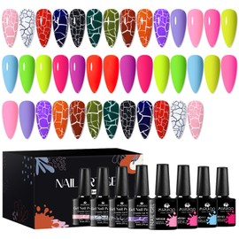 MSRUIOO Crackle Gel Nail Polish Crackle Effect 3D Cracked Nail Polish + Neon Gel Polish Rainbow Nails Gel Manicure Kit Women Gifts 20 Colors