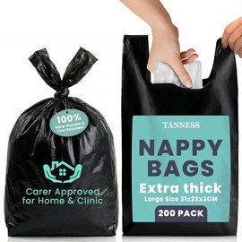Tanness Adult Nappy Bags – 200 Pack, Extra-Thick Disposable Sacks with Tie Handles, Odour-Free and Discreet Black Sanitary Disposal Bags
