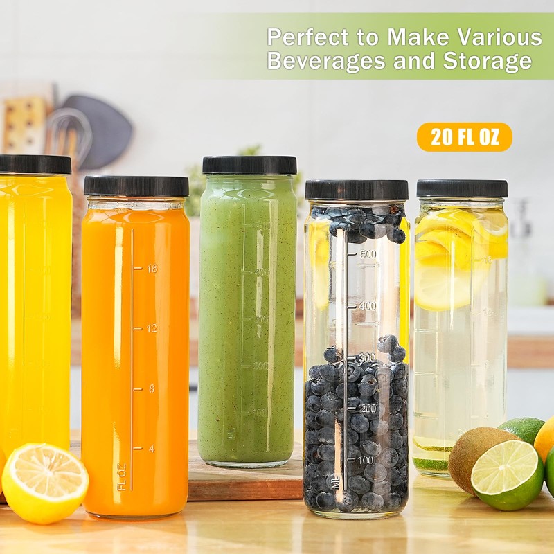 [8 Pack] 20 Oz Glass Juicing Bottles w Airtight Lids