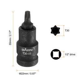 sourcing map T30 Torx Bit Socket 55mm/2.17" Length 1/2" Square Drive Star 6 Point Extension Impact Bit Power Nut Driver Set S2 Steel Socket Ratchet Wrench Bits, Black