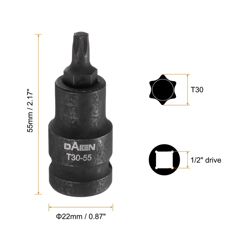 sourcing map T30 Torx Bit Socket 55mm/2.17" Length 1/2" Square