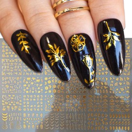 60 Sheets Nail Stickers Gold Metallic Leaf Flower Nail Design 3D Self-Adhesive Nail Decals for Nail Art,Retro Flower Nail Polish Sticker Nail Art for Women Gel Nails,CalcomaníAs para UñAs (Gold)