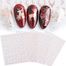 LANODO 9 Pcs Christmas Nail Stickers 3D Snow Flowers Reindeer Pattern Nail Art DIY Accessories Female Long Model Beautiful Nail Stickers (Color : Rose Gold/Rose Gold)