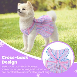 Pet Dog Harness Dress, Cute Striped Pattern with Bow, Princess Puppy Dresses with Button Closure, Summer Dog Clothes for Small Dogs Girl (Purple, Medium)