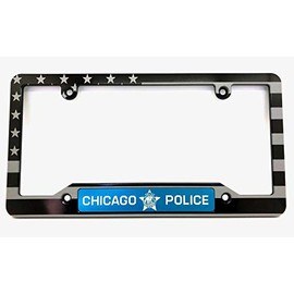 American Flag Chicago Police Billet Aluminum License Plate Frame-Black-Blue