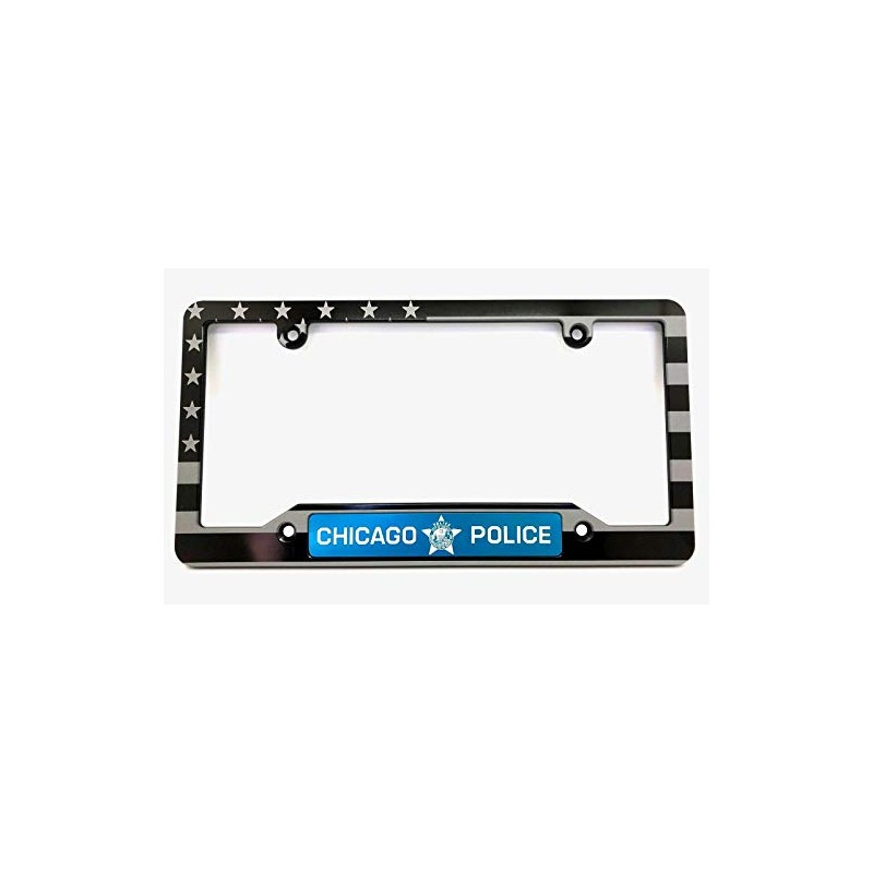 American Flag Chicago Police Billet Aluminum License Plate Frame-Black-Blue