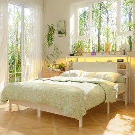 Unikito King Size Headboard with Storage, Headboards with Power Outlets and RGB LED Light, Sturdy Head Board for King Size Bed, Stable Headboards Only for Bedroom, Dorm Room, Guest Room, White