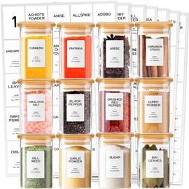 Kuocodall 12 Pcs Glass Spice Jars with Bamboo Airtight Lids & 201 Labels - 8oz Square Small Empty Food Storage Containers for Kitchen, Seasonings, Herbs, Salt