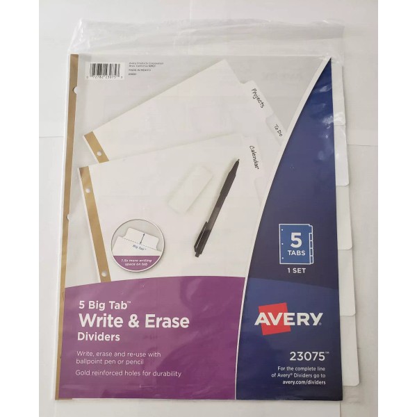 Avery Write & Erase Big Tab Paper Dividers, 5-Tab, White,