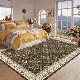 GarveeHome Living Room Rug 5x7 Rug Machine Washable Stain Resistant Area Rug Non Slip Floral Vintage Low Pile Rugs for Living Room, Bedroom, Farmhouse, Dining Room, Kids PlayroomBrown Natural