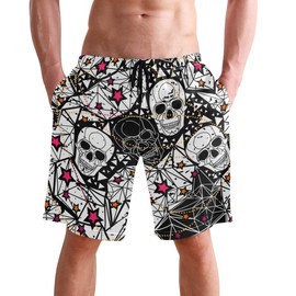 visesunny Men's Sugar Skull Diamond Pattern Beach Shorts Summer Swim Trunks Sports Running Bathing Suits with Mesh Lining