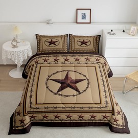 Western Texas Star Kids Comforter Set Queen Size,Cowboy Rustic Farmhouse Bedding Set,Boys Girls Adults Bedroom Decor,Geometric Plaids Patchwork Down Comforter,Brown Retro Duvet Insert,2 Pillowcases
