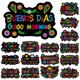 WATINC Spanish Words Phrases Poster - 16pcs Spanish Posters Set Classroom Decorations, Preschool Bilingual Study Learning Materials Teacher Supplies, Educational Language Bulletin Board (Atypical)