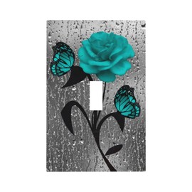 Teal Gray Rose Flower 1 Gang Light Switch Cover Single Toggle Wall Plate Decorative Switchplate Electrical Farmhouse Faceplate for Kitchen Bathroom Living Room Home Decor