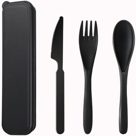 Reusable Travel Utensils Set with Case, Wheat Straw Portable Knife Fork Spoons Camping Cutlery for Lunch Box, Eco-Friendly BPA Free Plastic Tableware for Kids Adults Work Picnic or Daily Use (Black)