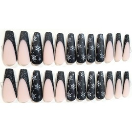 Snowflakes At Night French Manicure Matte Long Coffin Press On Nails - 24 Pieces - Artificial Nails - Christmas Nails - Winter Nails