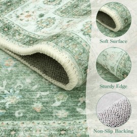 LIVEBOX Green Washable 5x7 Rug, Soft Boho Rug for Living Room, Non-Slip Vintage Floral Bedroom Area Rugs, Stain Resistant Indoor Carpet for Dining Room Home Office