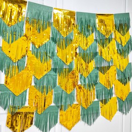 Sage Green Gold Tassel Backdrop Olive Green Tissue Paper Metallic Gold Foil Fringe Tinsel Garland Streamer Bunting Banner for Safari Jungle Birthday Neutral Baby Shower Wedding Party Decorations