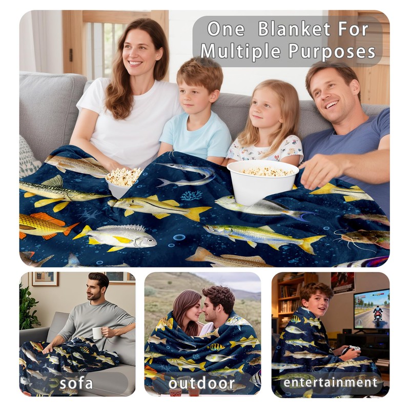Fishing Blanket Gift for Men Boys Soft Flannel Fish Throw