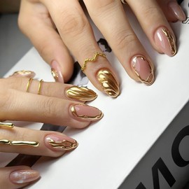 24Pcs French Tip Press on Nails Short Almond False Nails 3D Embossed Gold Stripe Full Cover Fake Nails Oval Shape Glue on Nails Glossy Artificial Stick on Nails for Women Girls Luxury Manicure