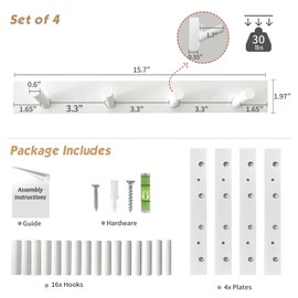 Forbena White Coat Hooks Wall Mount for Hanging 4 Pack, 16 Inch Wood Entryway Coat Rack Wall Mounted Heavy Duty, Modern Large Wall Hooks for Hats Kids Clothes Bags Purses Caps Closet - 16 Hooks