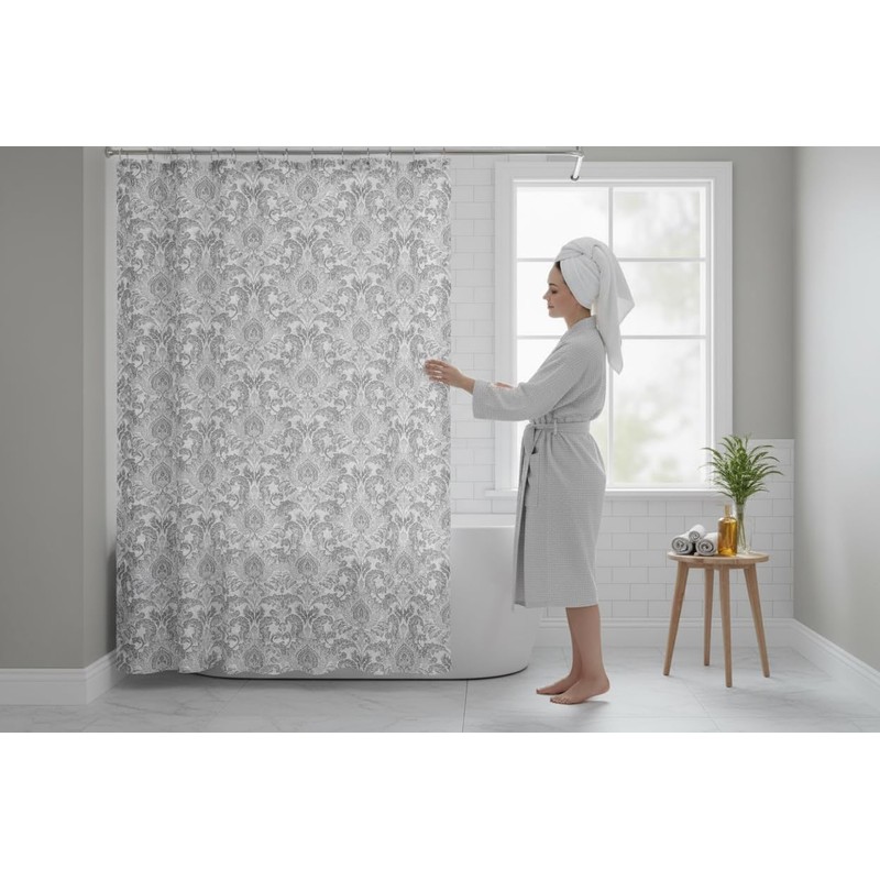 CHD Home Fabric Shower Curtain, Damask Floral Design, Grey and