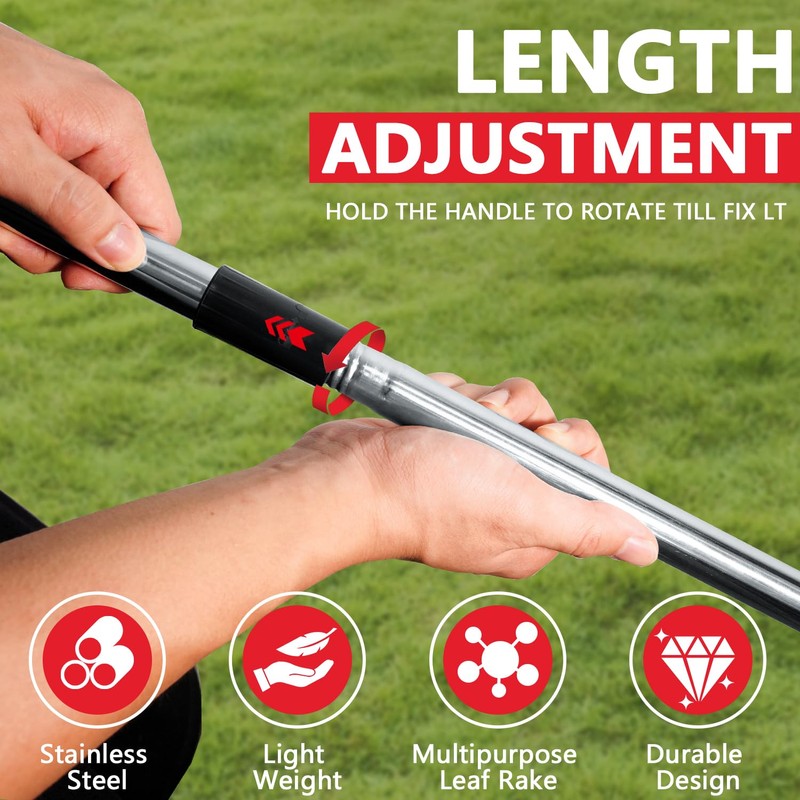 Leaf Rake Adjustable 23" to 75" - Stainless stelel Rake