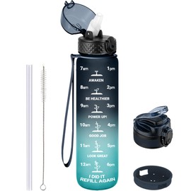 GOPPUS Drinking Bottle, 1 Litre BPA-Free Tritan Water Bottle with Straw, Sports Water Bottle, Leak-Proof with Time Marking and Brush, Sports Bottle for Fitness, School, Yoga, Outdoor (1 Bottle)