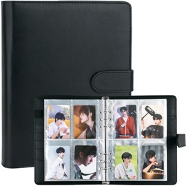 A5 Kpop Photocard Binder, 6 Ring Binder Album with 200 Card Slots, PU Leather Binder Cover with Magnetic Buckle Closure for Organizing Trading Cards (Black)