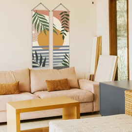 AHANDMAKER Pack of 2 Sunset Landscape Tapestry, Boho Leaves Modern Plant Vertical Long Aesthetic Tapestry, Doorway Curtain Tassel Wall Hanging for Bedroom Living Room, 13 x 51 Inch