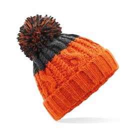 ASVP Shop Corkscrew Cable Knitted Bobble Hat Plain Mens Womens Beanie Warm Winter Pom Wooly Cap (Orange/Graphite Grey)