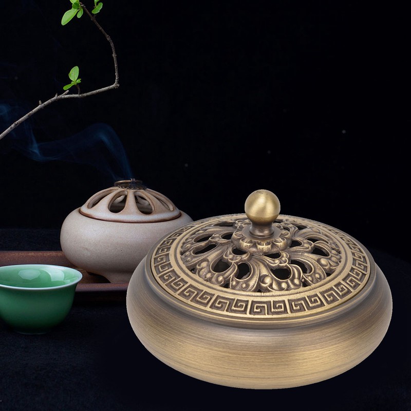 Antique Incense Burner Brass Holder with Lid Fireproof Cotton Interior