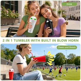 EASEVE Football Straw Cup Built-in Stadium Horn - 3 Pack 22 oz Reusable Plastic Tumbler with Lids and Straws for Soccer Fans, Blow Horn Water Bottle & Noisemaker for Game Day Tailgate Party Supplies
