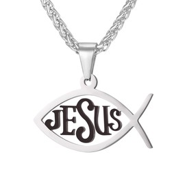 U7 Ichthus Pendant Black Jesus Piece Stainless Steel Religious Christian Fish Ichthys Necklace for Men Women