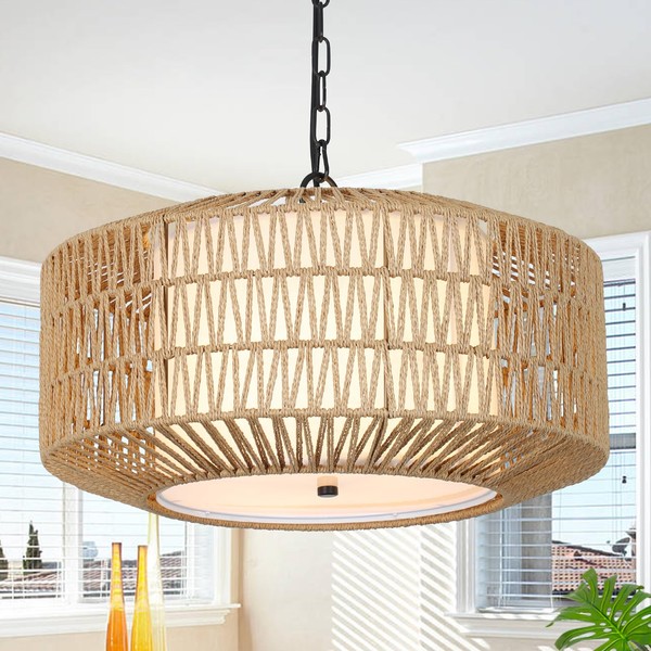PAUFUL Farmhouse Chandelier Light Fixture,4-Light Rattan Boho Chandeliers for Dining