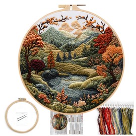 Stick-Set for Beginners, Boho Natural Landscape Pre-Printed Pattern-Set for Adults with Embroidery Hoop, Simple Colour Thread Needlework, 8 Inch Frame (Flower Hill)