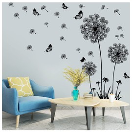 Dandelion Wall Stickers Flower Butterflies Flying Wall Decal, Wall Art Stickers Decals for Bedroom Living Room Sofa Backdrop TV Wall