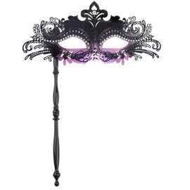G YITENG Venetian Masquerade Mask with Handle, Black Metal Filigree Design with Rhinestones, Handheld Stick Mask for Mardi Gras, Costume Parties (Black&Light purple)