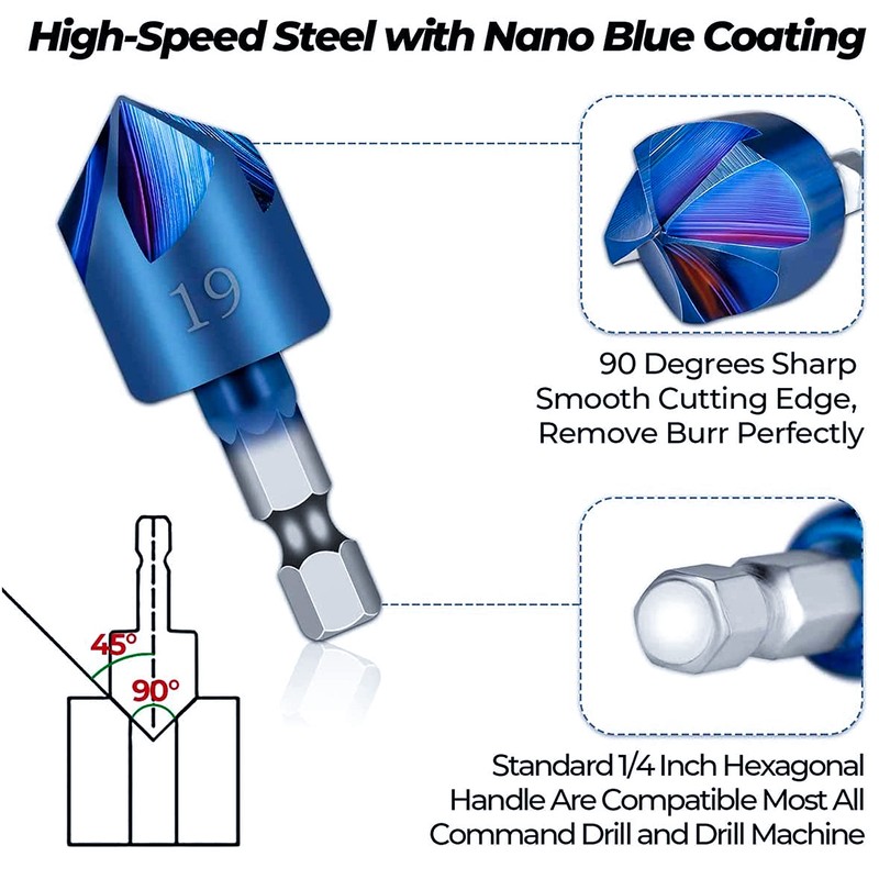 KEWAYO 6 PCS Countersink Drill Bit Set, 1/4" Hex Shank