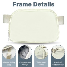 Waist Bag Zipper Fanny Pack Solid Color Cross Body Belt Bag for Women Man, Water Proof Waist Packs with Adjustable Strap-White